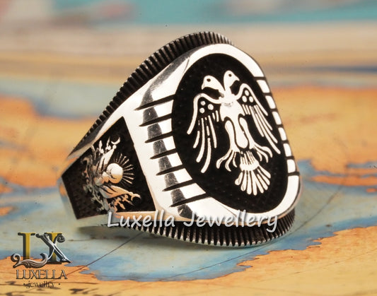 Sterling Silver 925 Seljuk Eagle Ring - Double-Faced Eagle Men's Ring - Seljuk Empire Men's Ring