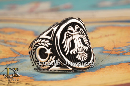 Sterling Silver 925 Seljuk Eagle Ring - Double-Faced Eagle Men's Ring - Seljuk Empire Men's Ring