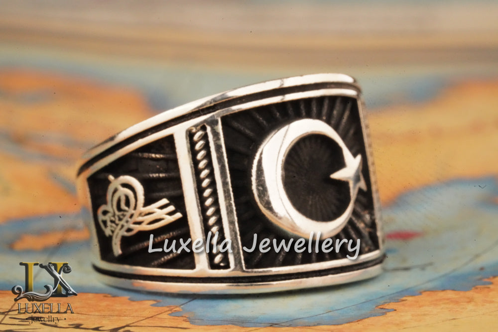 Turkish Flag Ring - Turkish Moon Star Ring - Symbol of Islam Moon Star Ring - Turkish Men's Ring - Sterling Silver 925 Men's Ring