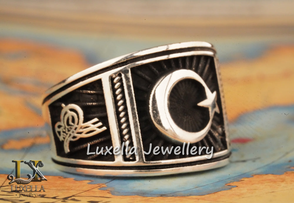 Turkish Flag Ring - Turkish Moon Star Ring - Symbol of Islam Moon Star Ring - Turkish Men's Ring - Sterling Silver 925 Men's Ring