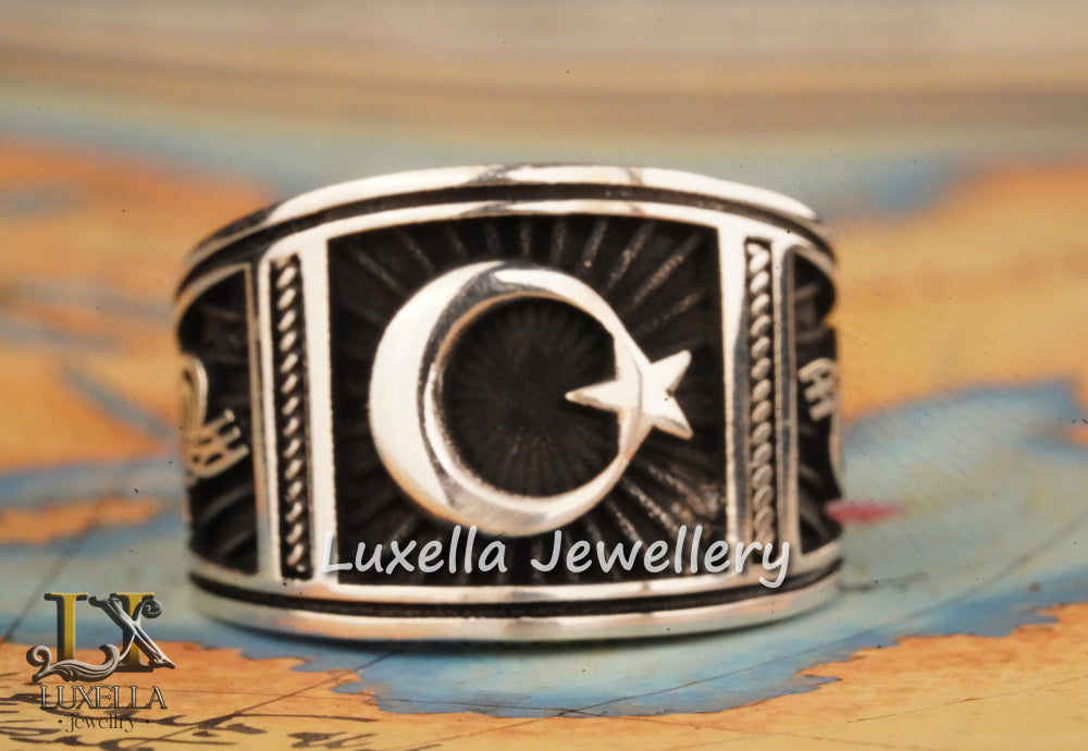 Turkish Flag Ring - Turkish Moon Star Ring - Symbol of Islam Moon Star Ring - Turkish Men's Ring - Sterling Silver 925 Men's Ring