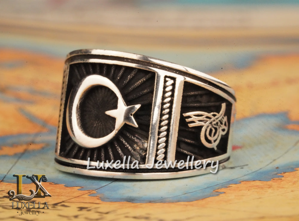 Turkish Flag Ring - Turkish Moon Star Ring - Symbol of Islam Moon Star Ring - Turkish Men's Ring - Sterling Silver 925 Men's Ring