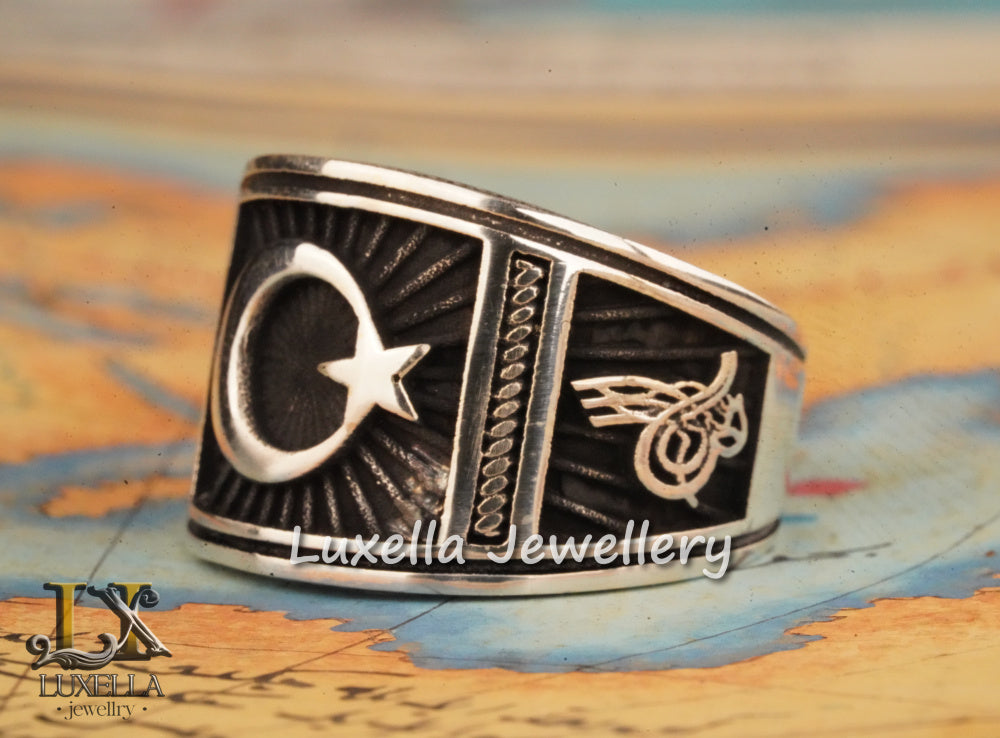 Turkish Flag Ring - Turkish Moon Star Ring - Symbol of Islam Moon Star Ring - Turkish Men's Ring - Sterling Silver 925 Men's Ring