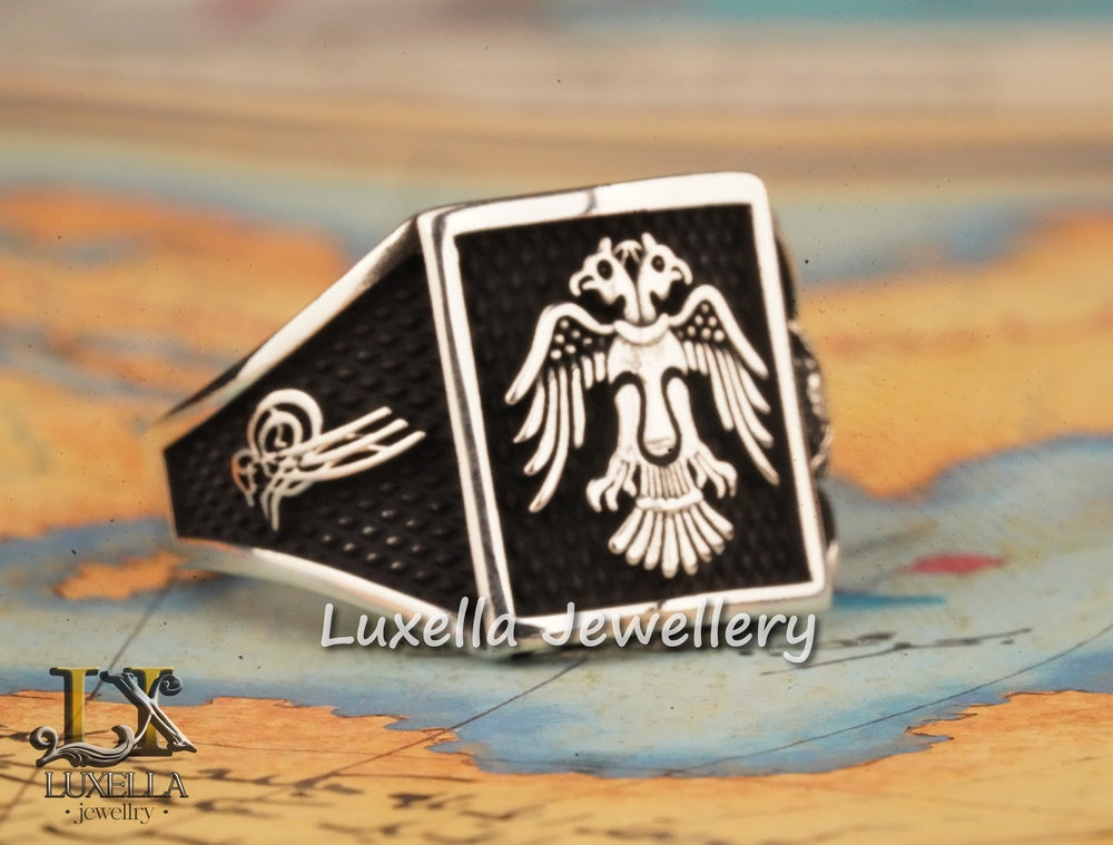 Sterling Silver 925 Seljuk Eagle Ring - Double-Faced Eagle Men's Ring - Seljuk Empire Men's Ring