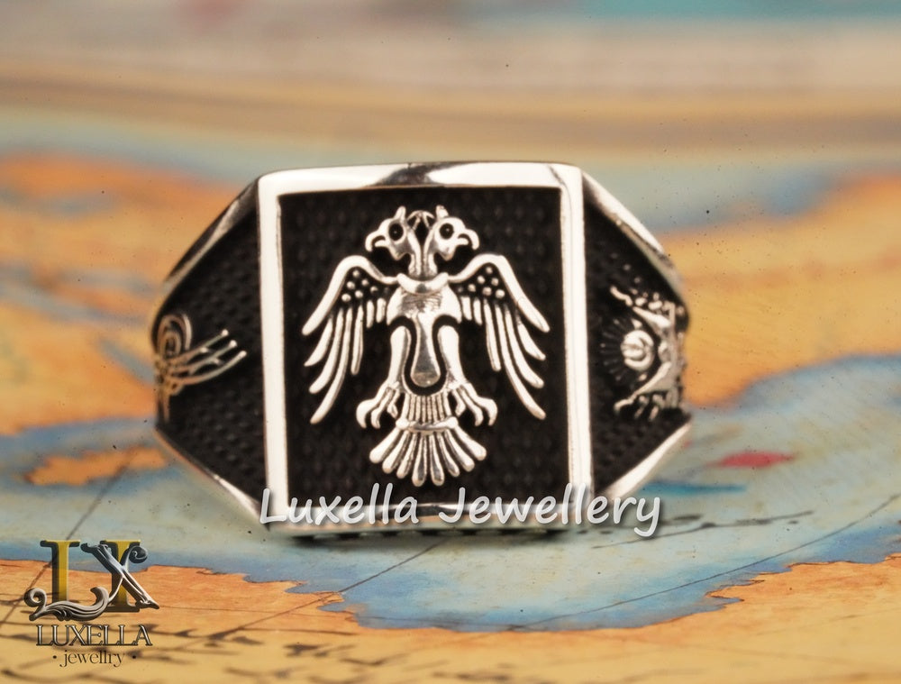 Sterling Silver 925 Seljuk Eagle Ring - Double-Faced Eagle Men's Ring - Seljuk Empire Men's Ring