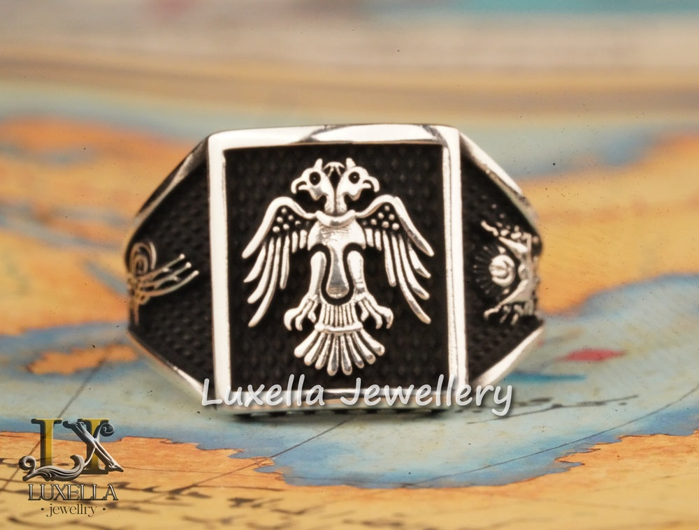 Sterling Silver 925 Seljuk Eagle Ring - Double-Faced Eagle Men's Ring - Seljuk Empire Men's Ring