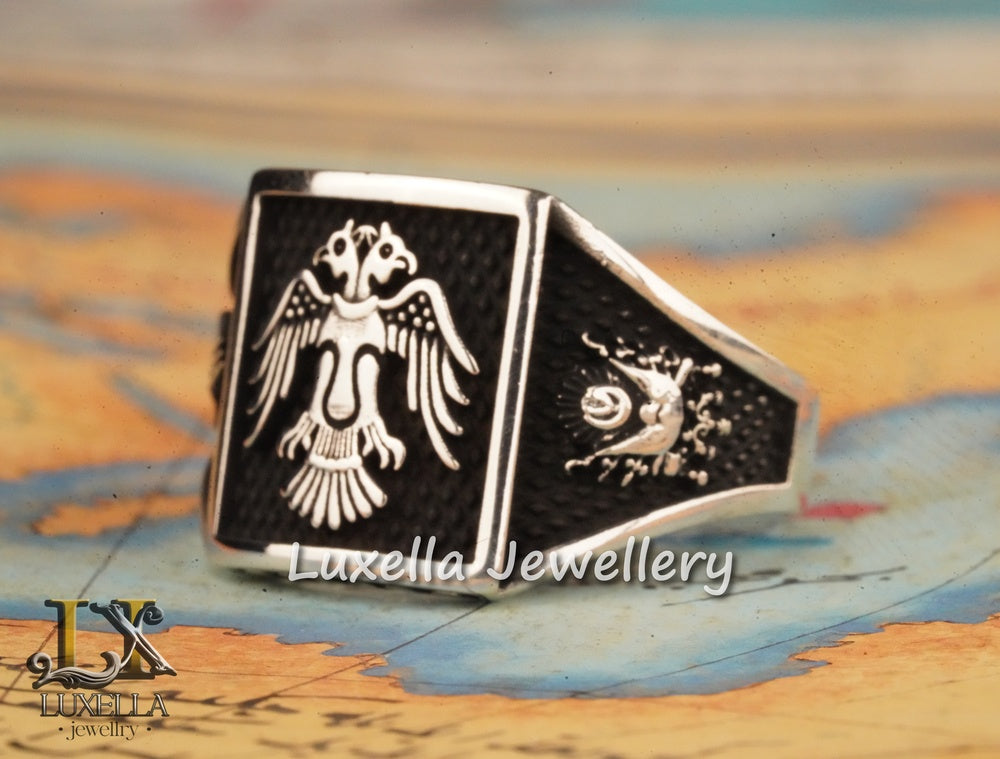 Sterling Silver 925 Seljuk Eagle Ring - Double-Faced Eagle Men's Ring - Seljuk Empire Men's Ring