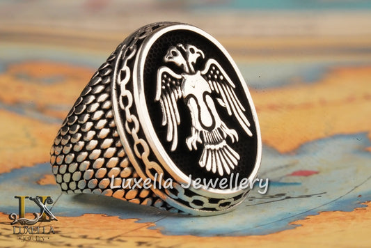 Sterling Silver 925 Seljuk Eagle Double Faced Eagle Men's Ring