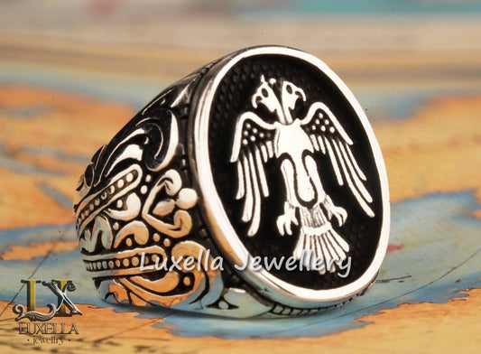 Sterling Silver 925 Seljuk Eagle Ring - Double-Faced Eagle Men's Ring - Seljuk Empire Men's Ring