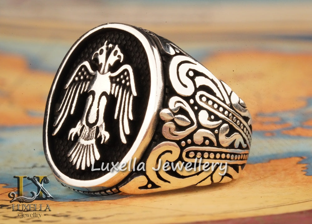 Sterling Silver 925 Seljuk Eagle Ring - Double-Faced Eagle Men's Ring - Seljuk Empire Men's Ring