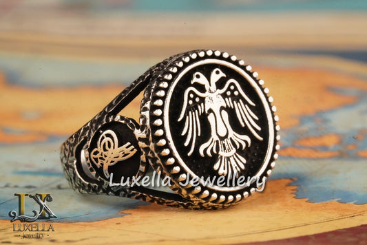 Sterling Silver 925 Seljuk Eagle Ring - Double-Faced Eagle Men's Ring - Seljuk Empire Men's Ring