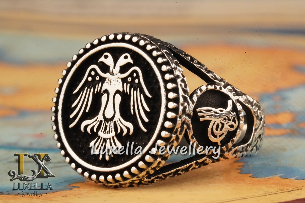 Sterling Silver 925 Seljuk Eagle Ring - Double-Faced Eagle Men's Ring - Seljuk Empire Men's Ring