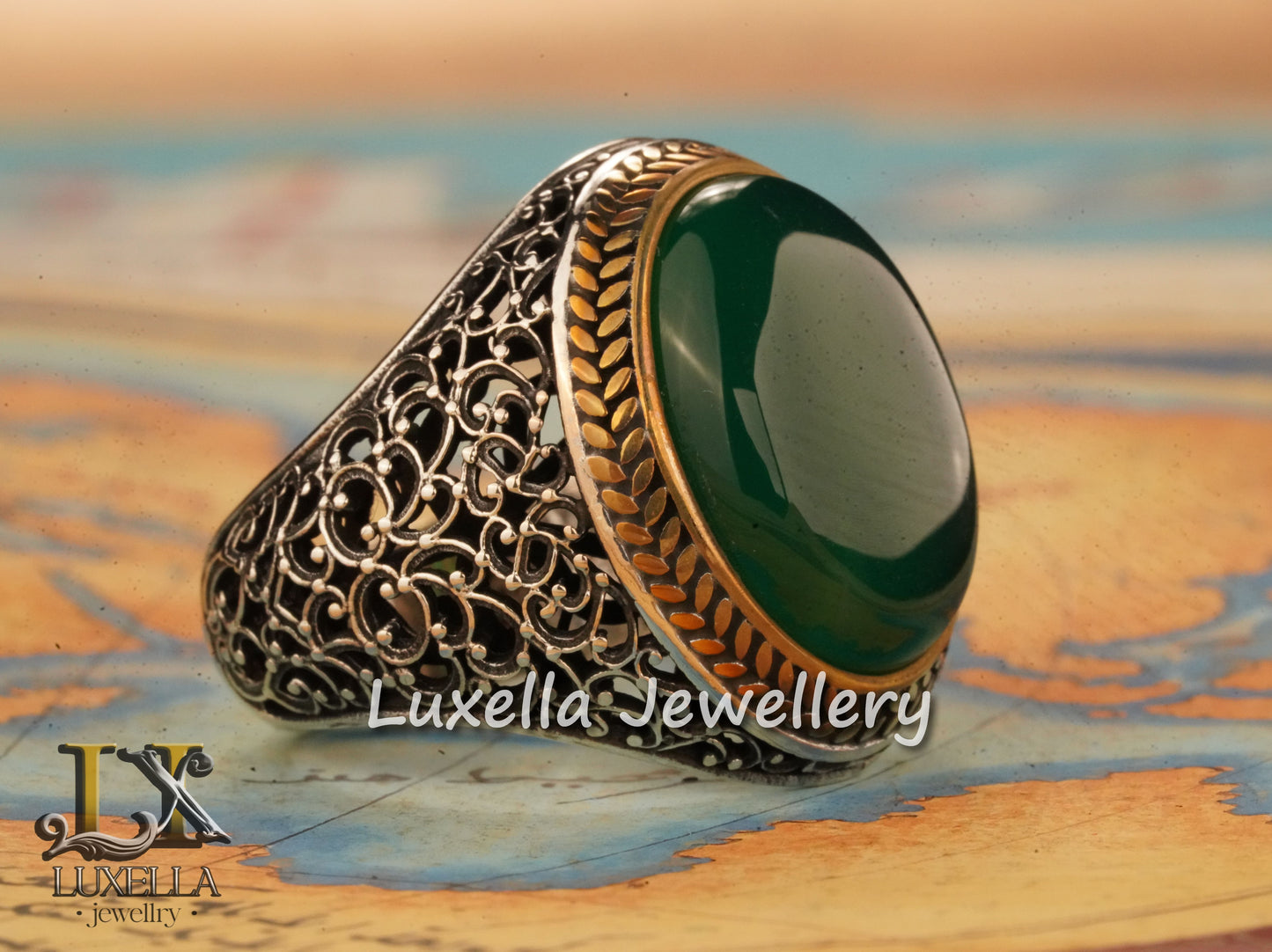 Sterling Silver Green Onyx Men's Ring - Unique Handcrafted Statement Ring For Men