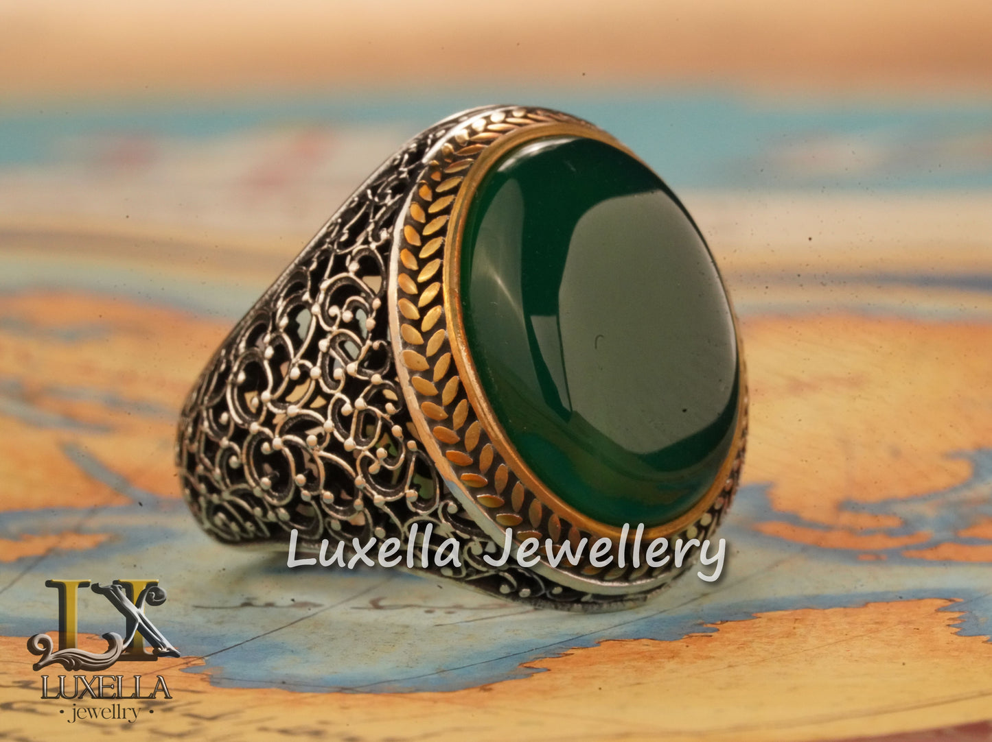 Sterling Silver Green Onyx Men's Ring - Unique Handcrafted Statement Ring For Men