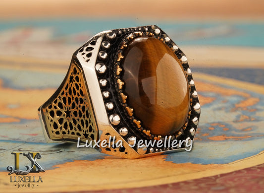 Sterling Silver Tiger's Eye Men's Ring - Handcrafted Unique Silver Ring for Men