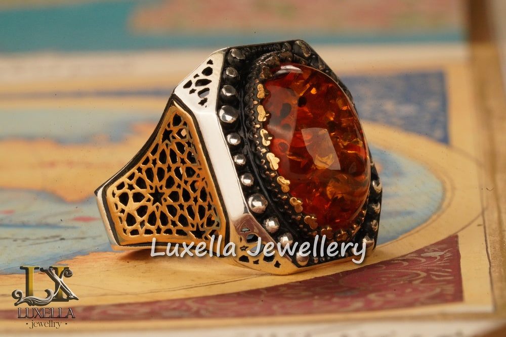 Sterling Silver Amber Men's Ring - Timeless Handcrafted Jewelry Ring For Men