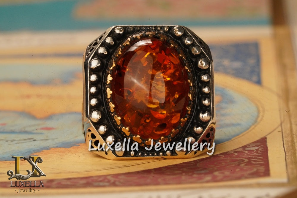 Sterling Silver Amber Men's Ring - Timeless Handcrafted Jewelry Ring For Men