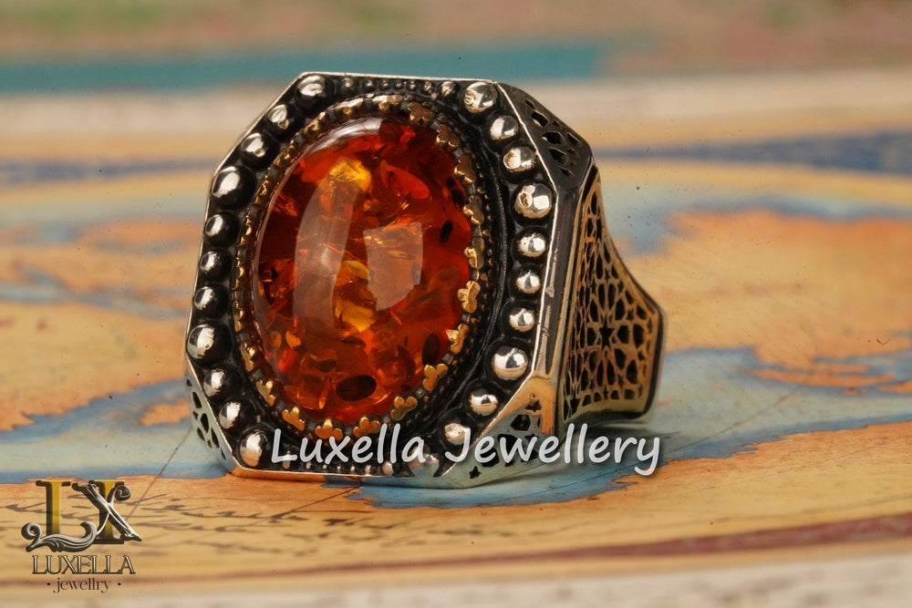 Sterling Silver Amber Men's Ring - Timeless Handcrafted Jewelry Ring For Men