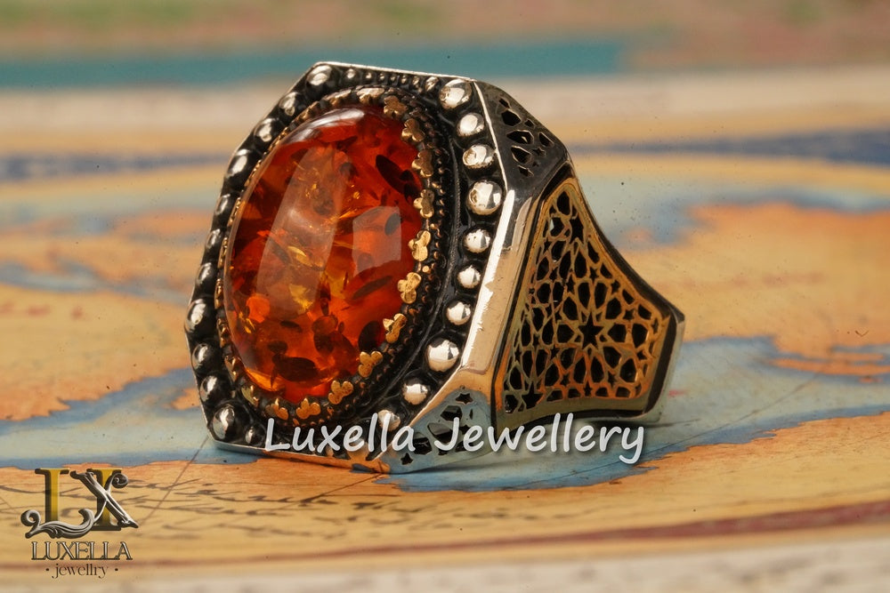 Sterling Silver Amber Men's Ring - Timeless Handcrafted Jewelry Ring For Men