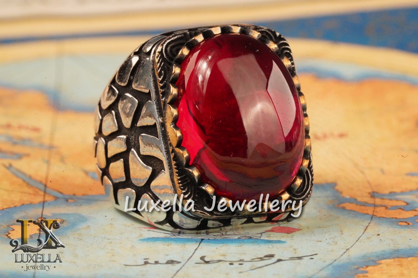 Sterling Silver Red Ruby Men's Ring - Elegant Handcrafted Silver Ring for Men