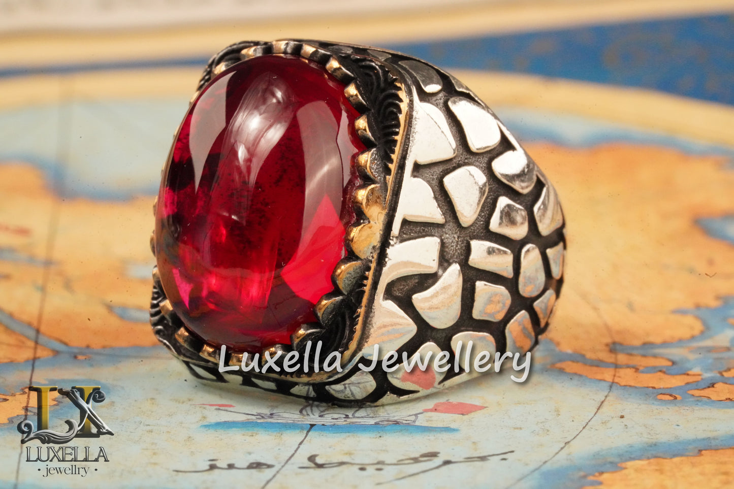 Sterling Silver Red Ruby Men's Ring - Elegant Handcrafted Silver Ring for Men