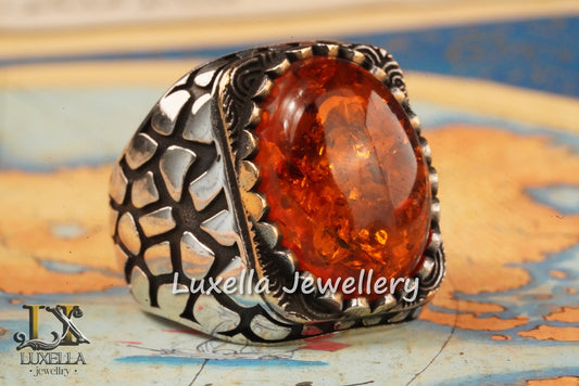 Sterling Silver Amber Men's Ring - Timeless Handcrafted Mens Ring