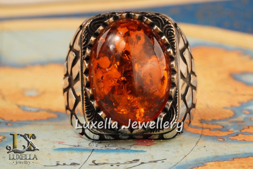 Sterling Silver Amber Men's Ring - Timeless Handcrafted Mens Ring