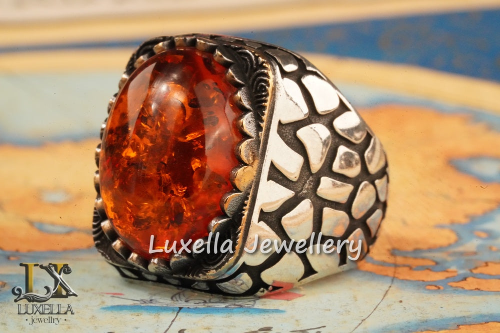 Sterling Silver Amber Men's Ring - Timeless Handcrafted Mens Ring