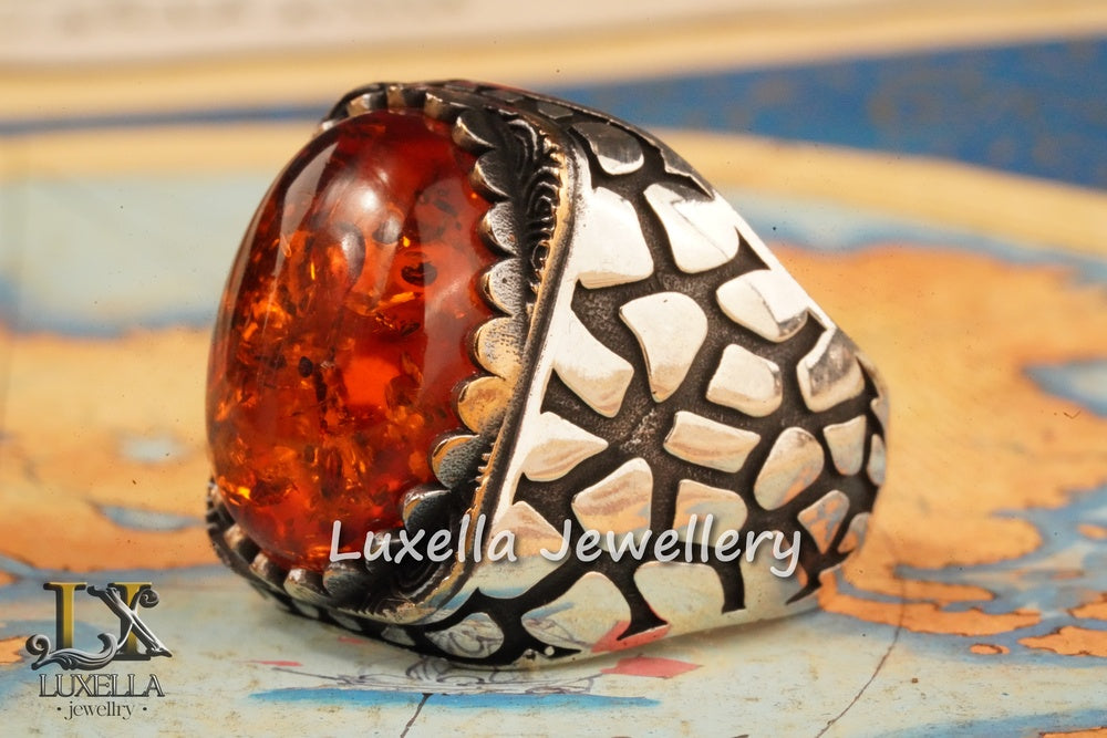 Sterling Silver Amber Men's Ring - Timeless Handcrafted Mens Ring