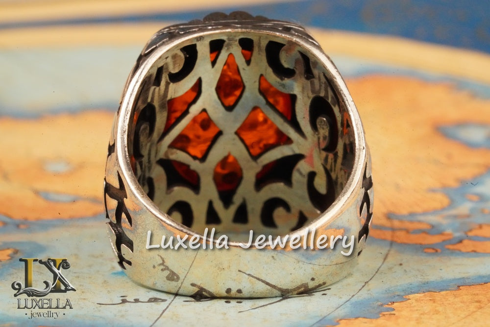 Sterling Silver Amber Men's Ring - Timeless Handcrafted Mens Ring