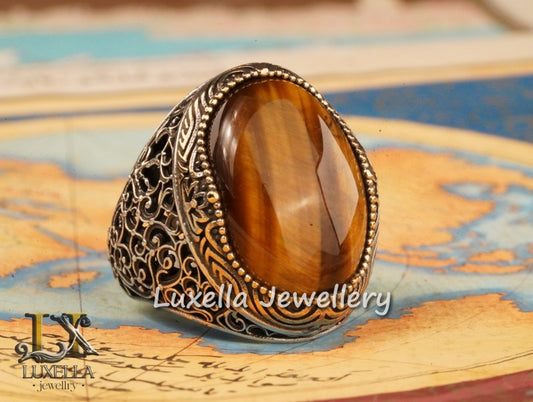 Sterling Silver Tiger's Eye Men's Ring - Handcrafted Unique Silver Ring for Men