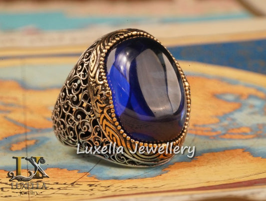 Sterling Silver Sapphire Men's Ring - Handcrafted Ring for Men