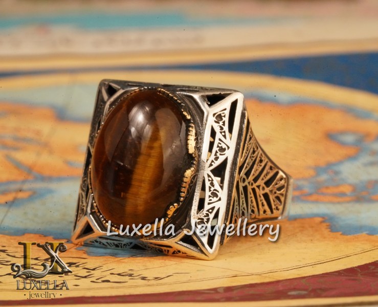 Sterling Silver Tiger's Eye Men's Ring - Handcrafted Unique Silver Ring for Men