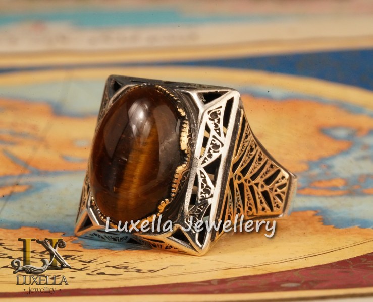 Sterling Silver Tiger's Eye Men's Ring - Handcrafted Unique Silver Ring for Men