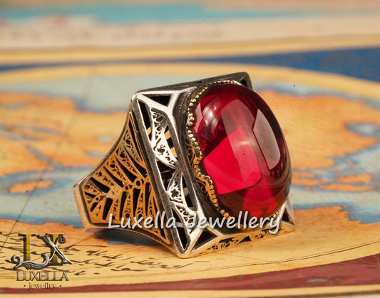 Sterling Silver Red Ruby Men's Ring - Elegant Handcrafted Silver Ring for Men