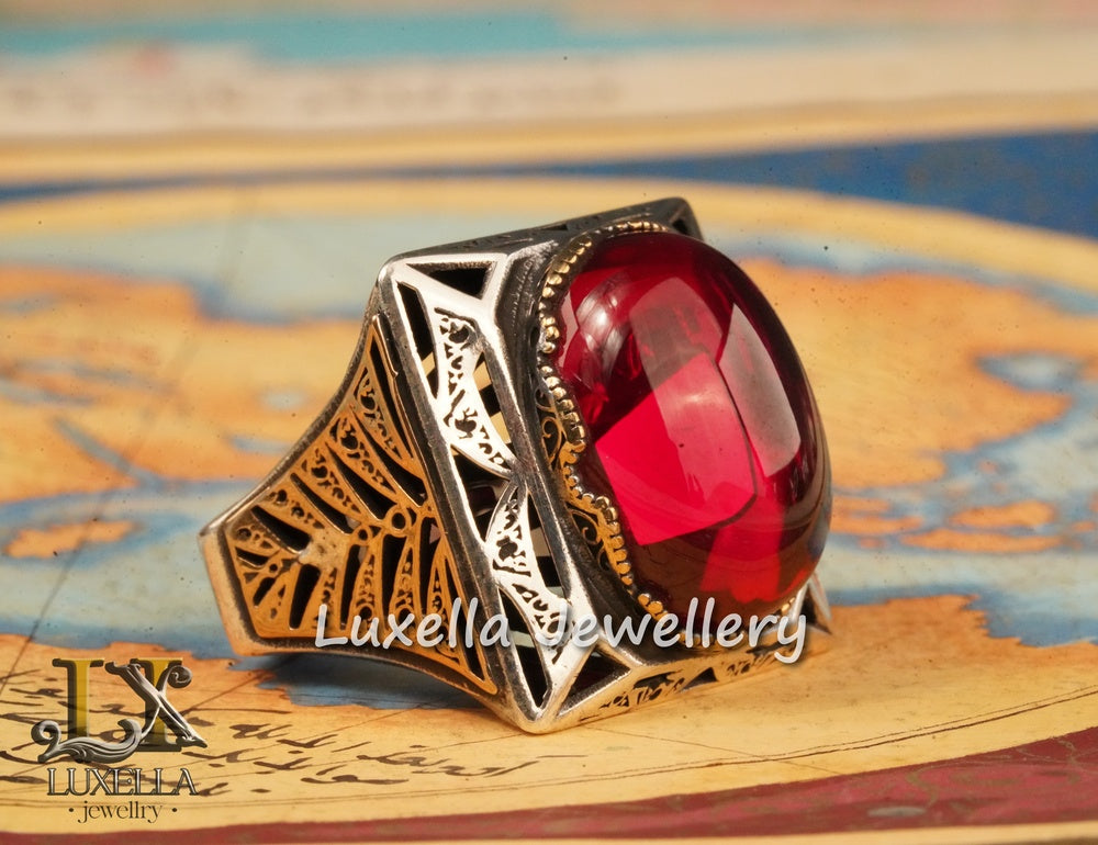 Sterling Silver Red Ruby Men's Ring - Elegant Handcrafted Silver Ring for Men