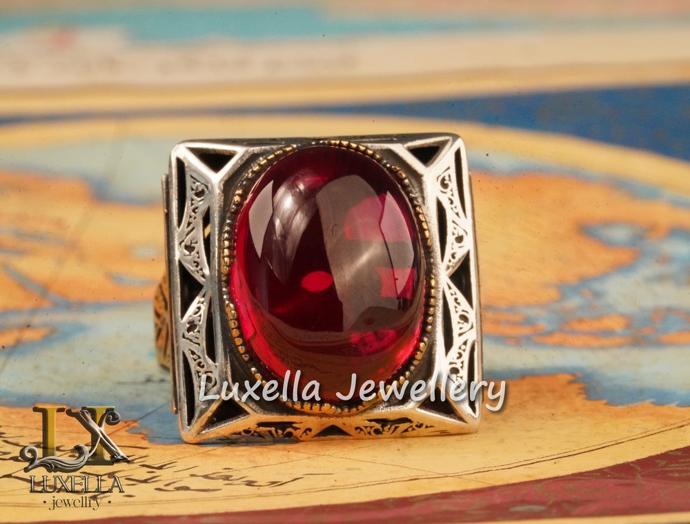 Sterling Silver Red Ruby Men's Ring - Elegant Handcrafted Silver Ring for Men