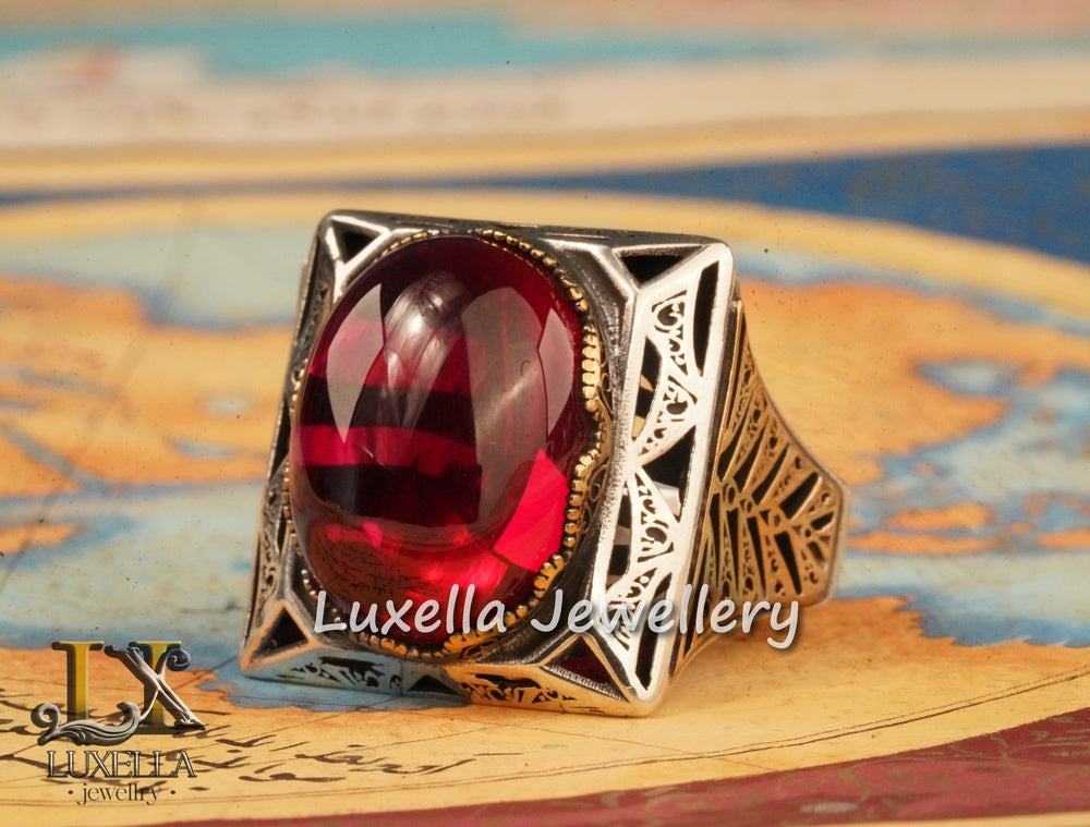 Sterling Silver Red Ruby Men's Ring - Elegant Handcrafted Silver Ring for Men