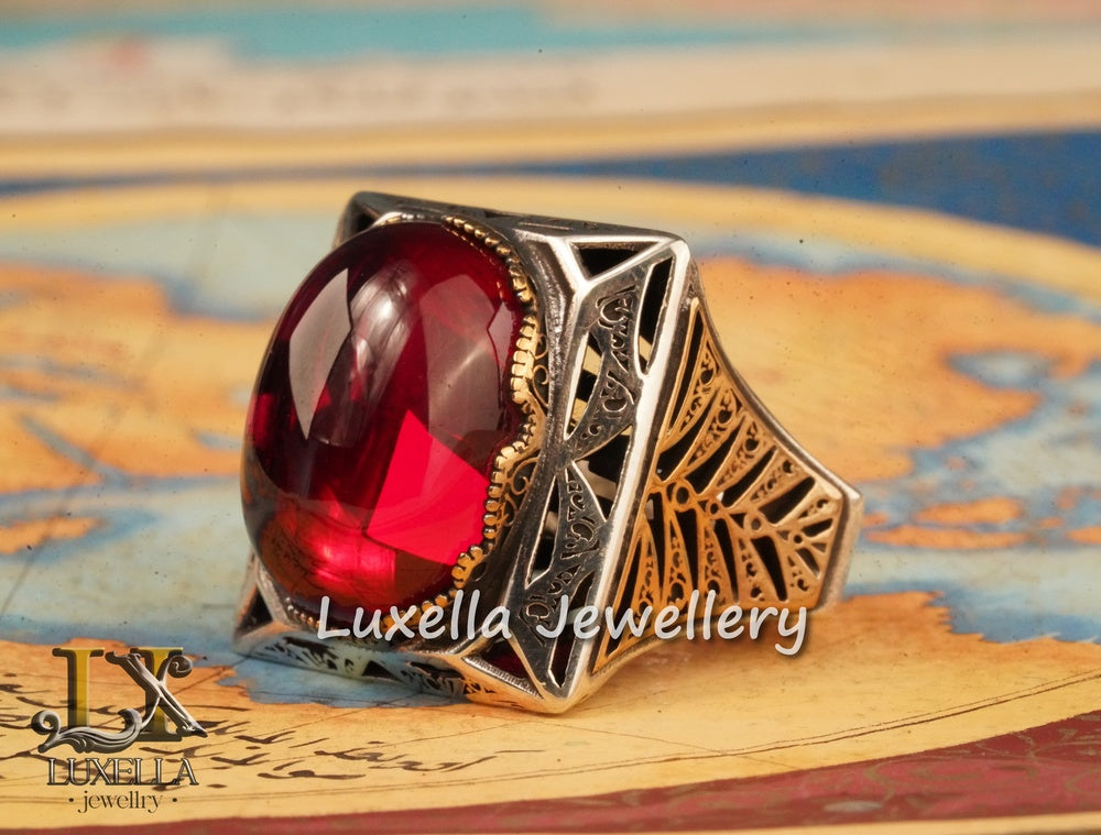 Sterling Silver Red Ruby Men's Ring - Elegant Handcrafted Silver Ring for Men