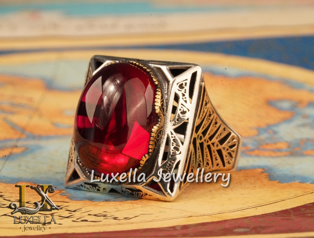 Sterling Silver Red Ruby Men's Ring - Elegant Handcrafted Silver Ring for Men