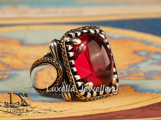 Sterling Silver Red Ruby Men's Ring - Elegant Handcrafted Silver Ring for Men