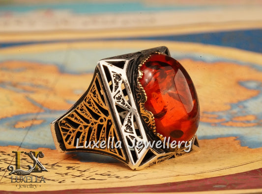 Sterling Silver Amber Men's Ring - Timeless Handcrafted Jewelry Ring for Men