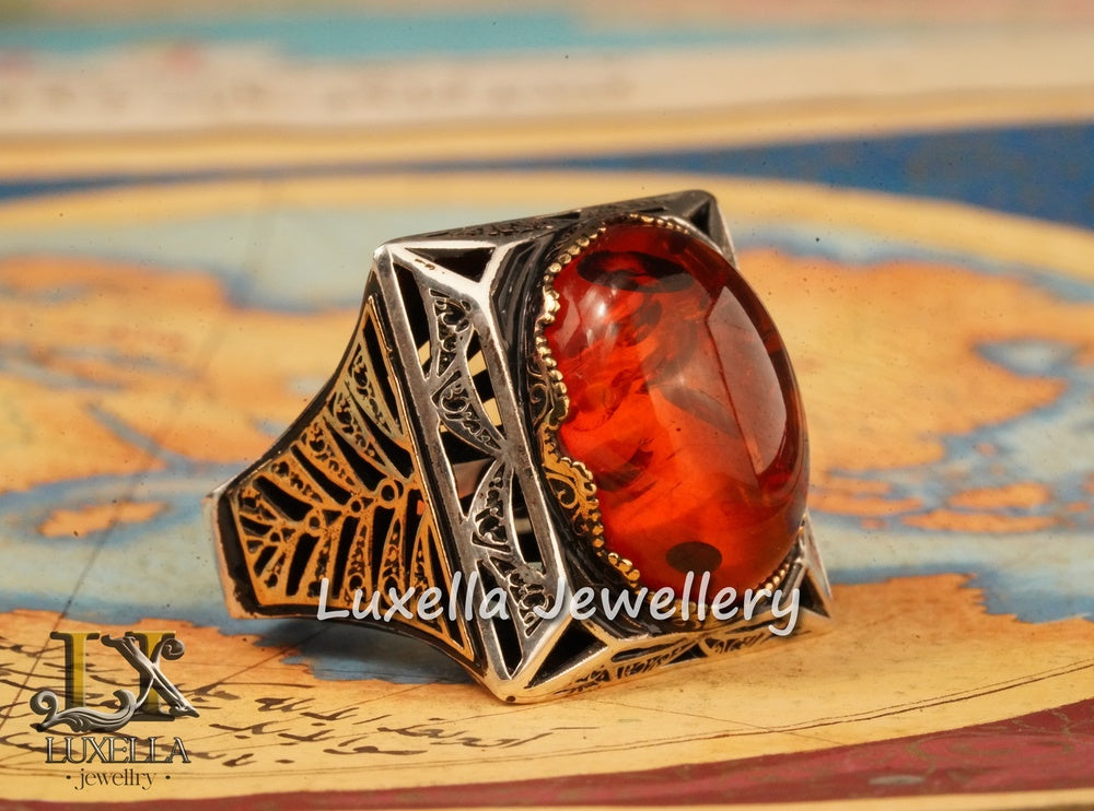 Sterling Silver Amber Men's Ring - Timeless Handcrafted Jewelry Ring for Men