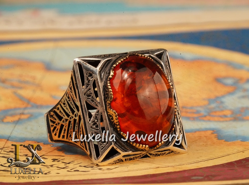 Sterling Silver Amber Men's Ring - Timeless Handcrafted Jewelry Ring for Men