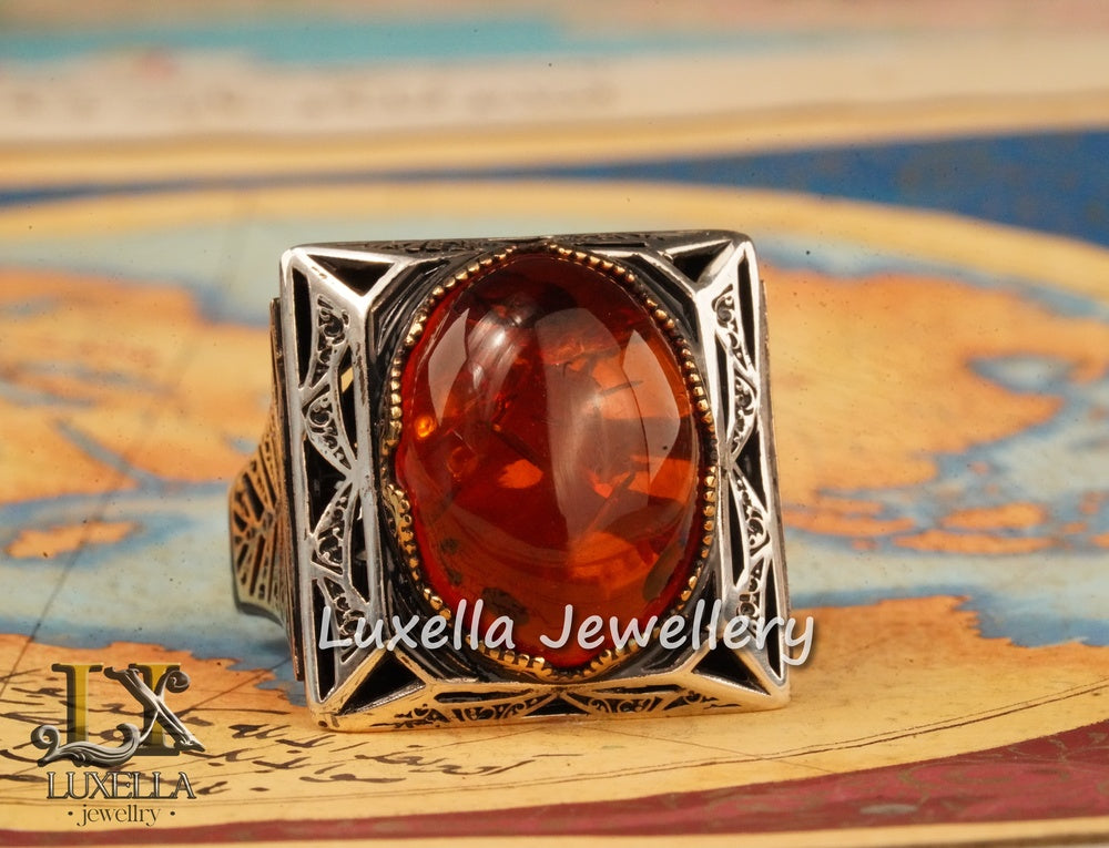 Sterling Silver Amber Men's Ring - Timeless Handcrafted Jewelry Ring for Men