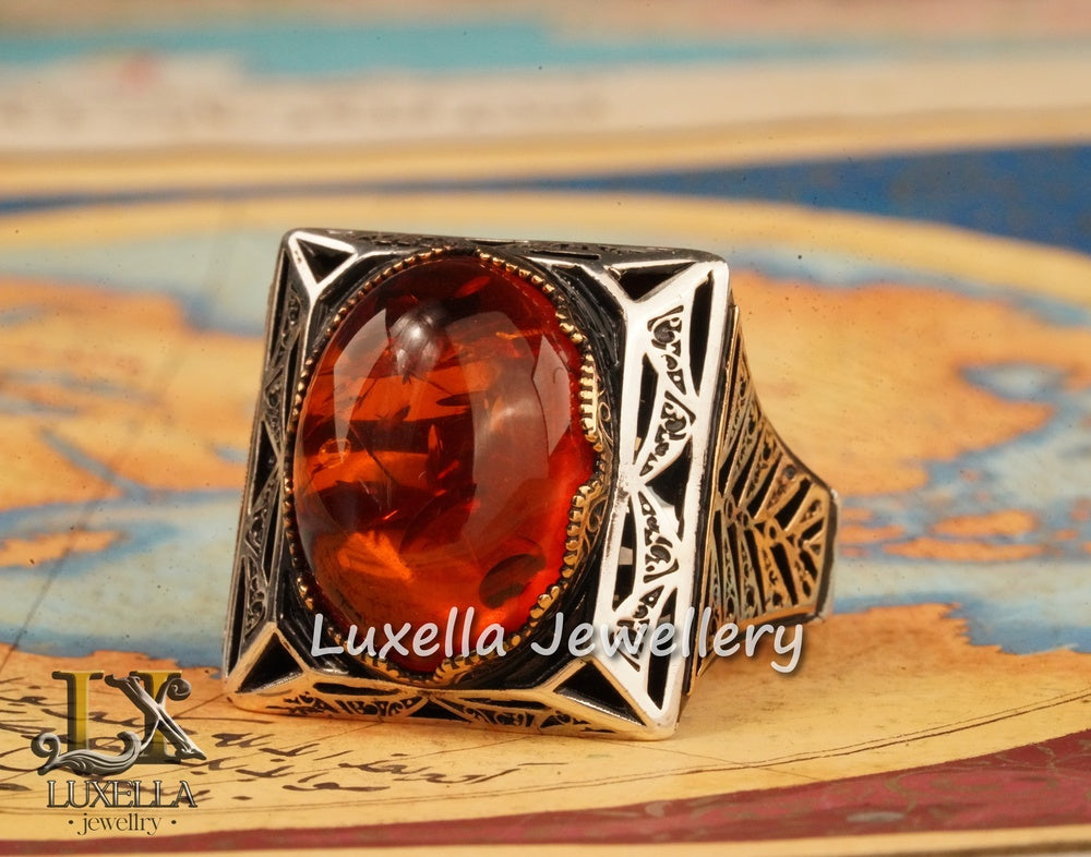 Sterling Silver Amber Men's Ring - Timeless Handcrafted Jewelry Ring for Men