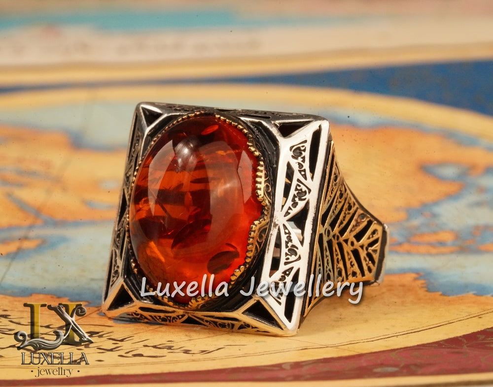 Sterling Silver Amber Men's Ring - Timeless Handcrafted Jewelry Ring for Men