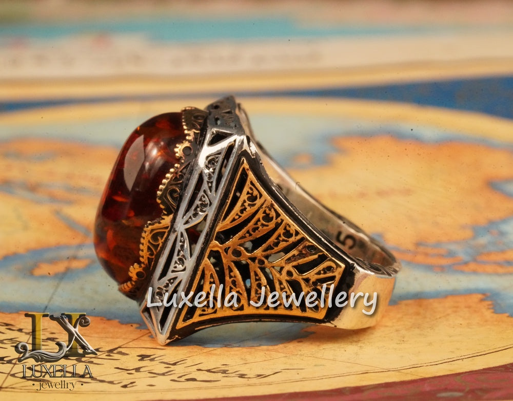 Sterling Silver Amber Men's Ring - Timeless Handcrafted Jewelry Ring for Men