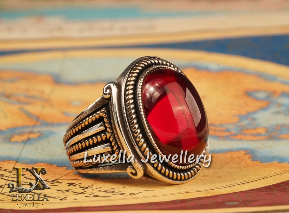 Sterling Silver Red Ruby Men's Ring - Elegant Handcrafted Silver Ring for Men