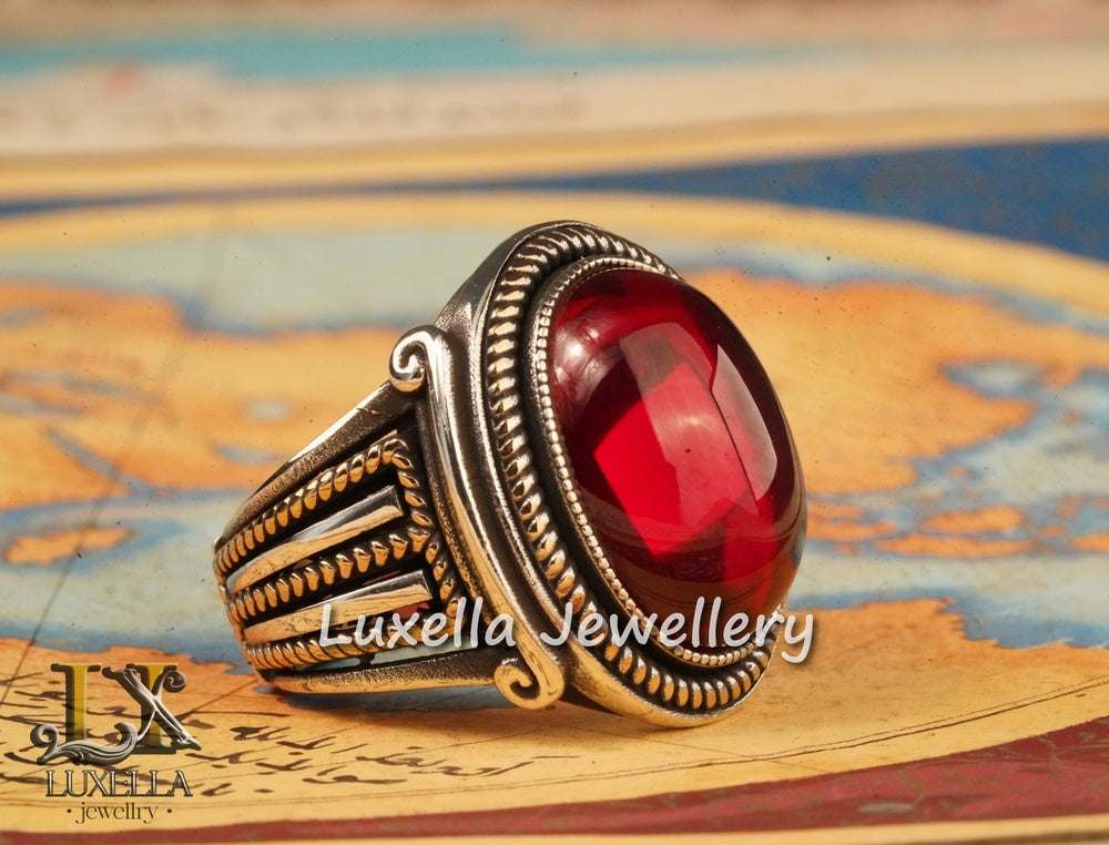 Sterling Silver Red Ruby Men's Ring - Elegant Handcrafted Silver Ring for Men